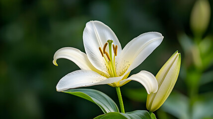 Fototapeta premium Close Up Of A Beautiful White Lily Flower In Full Bloom With Green Foliage Background
