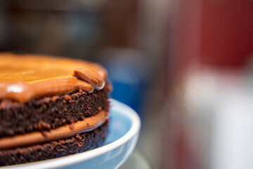 Delicious chocolate cake with filling, drizzled with chocolate ganache