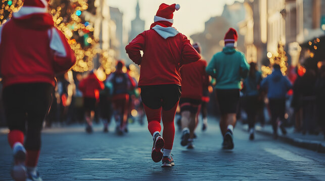 A Christmas charity run event, with participants dressed in festive costumes raising money for a cause.