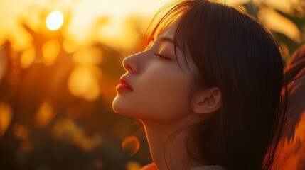 Profile Portrait of a Young Woman Enjoying a Sunset in Nature with a Peaceful Expression