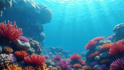 Obraz premium Vibrant underwater scene showcasing colorful coral reefs and sunlight filtering through water.