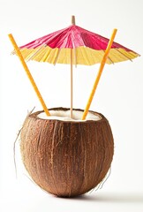 Coconut Drink with Colorful Umbrella and Straws on White Background for Tropical Refreshment Concept and Summer Vibe
