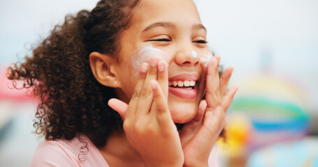 Outdoor, apply and child with sunscreen for skincare, sunburn prevention and wellness on holiday....