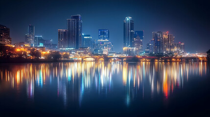 Fototapeta premium Cityscape At Night With Illuminated Buildings Reflecting In Calm Water