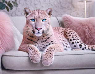 Pink leopard portrait lying on a sofa with pink furry pillows.