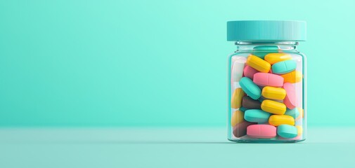 A clear glass jar filled with colorful capsules sits against a mint-green background, creating a vibrant and modern aesthetic.