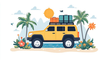 Illustration of a yellow car with luggage on the roof, parked on a beach with palms