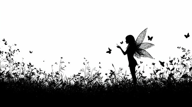 Black And White Fairy Silhouette With Butterflies In Field