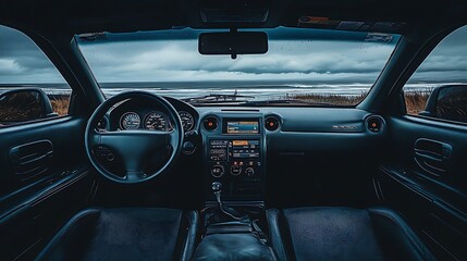 The interior of a car overlooking the ocean landscape outdoors