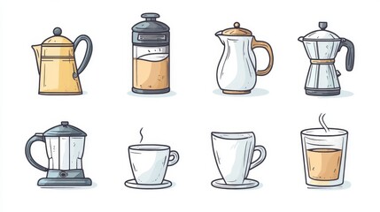Set for coffee lovers. Isolated coffee elements. French press, coffee machine, mug, cup, milk pitcher, kettle. Icon collection for menu, coffee shop. Hand drawn modern Vector illustration