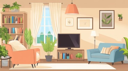 Cartoon room interior. Home furniture. Cozy sofa and armchair. House windows with curtains. Modern apartment decor. Wooden bookcase. TV at wall. Light lamp. Plants in pots. Vector garish background