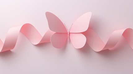 Fototapeta premium A delicate pink paper butterfly rests on a flowing ribbon, creating a serene and artistic display against a soft background.