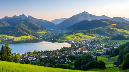 Fototapeta premium Aerial View Of A Town Nestled Beside A Lake Surrounded By Verdant Hills And Mountains Under A Clear Blue Sky