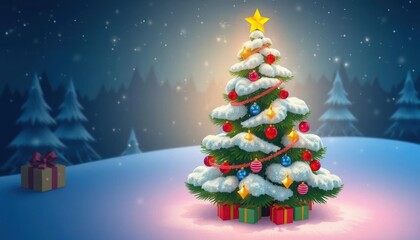 A festive Christmas tree adorned with snow, lights, and gifts, set in a winter landscape.