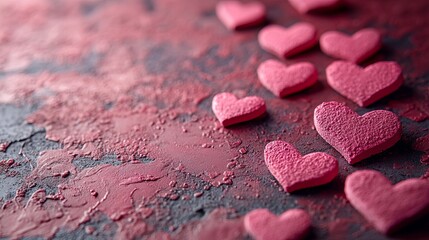 Obraz premium Valentine hearts scattered on textured background creating a romantic atmosphere for celebration or decoration