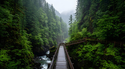 Fototapeta premium Wooden Bridge Spanning a River in a Lush Green Forest During Daylight with Dense Foliage