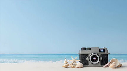 Vintage Camera On Beach With Seashells And Starfish