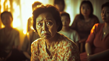Naklejka premium Emotional Portrait of Elderly Woman with Sad Expression Surrounded by Family in Warm Light