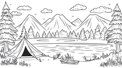Black and white camping landscape drawing