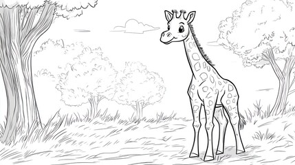 Giraffe in African savanna, trees background, coloring page