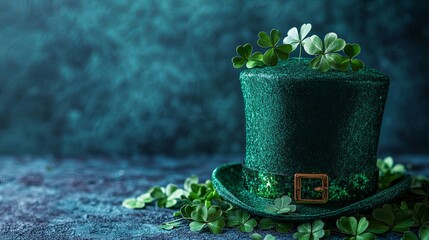Celebrate St Patricks Day with a festive green hat adorned with shamrock decorations sitting amidst vibrant greenery on a blue backdrop