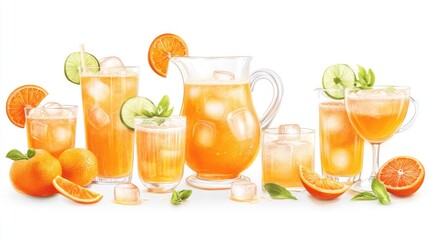 Refreshing orange drinks with ice in clear glasses and pitcher for summer menu