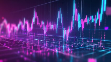A highly detailed futuristic stock market chart with a rising trend, glowing neon effect, digital data visualization, financial analytics, and holographic interface in a high-tech style