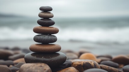 Stacked Stones on a Beach Shore with Gentle Waves Under a Cloudy Sky