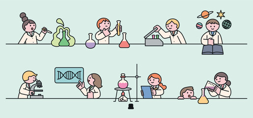 Cute children doing fun science experiments with lab tools, test tubes, flasks, and exploring chemistry, biology, and space.