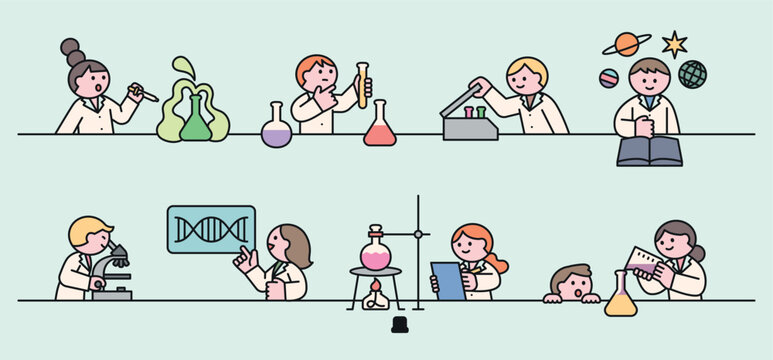 Cute children doing fun science experiments with lab tools, test tubes, flasks, and exploring chemistry, biology, and space.