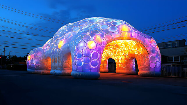 Illuminated Igloo Structure at Night with Blue and Yellow Lights Display in Event