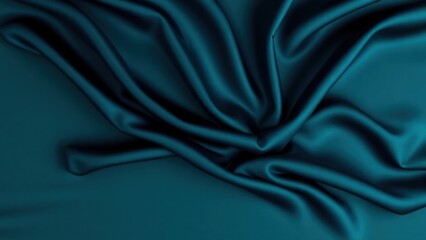 Obraz premium Dark blue green silk satin background. Beautiful soft folds on the smooth surface of the fabric. Luxury background with copy space for design. Wide banner. Top view. Flat lay.