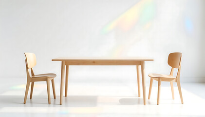 A colorful dining room with wooden table and chairs in a stylish, comfortable interior with a bright window and modern decor