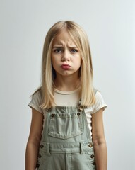 Fototapeta premium Little girl straight blonde hair in faded green overalls and white sad pout on plain white background minimalist clean