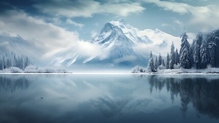 Winter landscape wallpaper with snowy mountains lake and trees for desktop background hd wallpaper