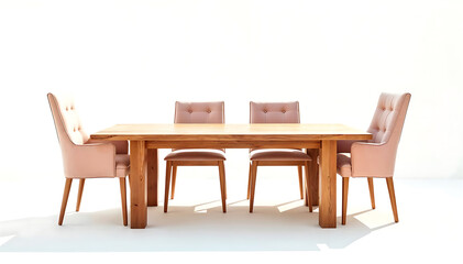 Modern dining room with wooden table and chairs on a white floor