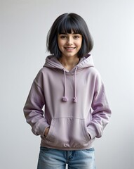 Obraz premium Teenage girl short black hair in purple hoodie and denim pants friendly grin on plain white background minimalist clean