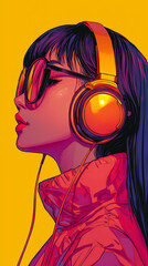 <Urban Retro Elegance: Vibrant Illustration of Stylish Girl in Neon Headphones and Chic Fashion>