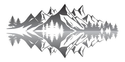 Forest and mountains are reflected in the lake, vector sketch, isolated on white background