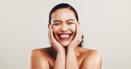 Studio, woman and tongue out with glow for skincare, treatment and confidence by mockup space....