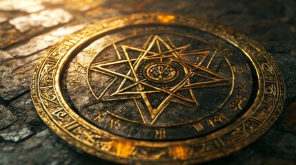 Fototapeta premium Celtic occult symbol. Magic pentagram. Circle Wicca zodiac pagan. Ritual Wiccan alchemy pictogram. Astrology phases. Rune and horoscope signs. Witchcraft emblem. Vector design utter icon