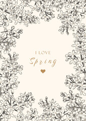 Vertical frame with lilac. Floral card with place for text. Vector botanical illustration. Black and white. Sketch style.