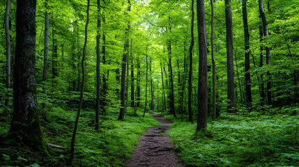 Fototapeta premium Lush Green Forest Path Leading Through Dense Trees With Sunlight Filtering Down Above Creating A Tranquil And Natural Scene