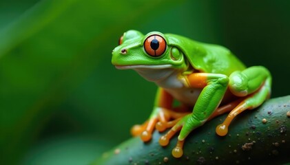 Green tree frog perched on white, vibrant skin, detail, wildlife photography