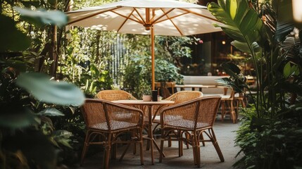Fototapeta premium Summer street cafe, restaurant scene. Patio, outdoor, garden furniture set with rattan chairs, table, umbrella, potted plants. Coffee shop. Cafe terrace with seats under parasol. Vector illustration.