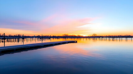 Obraz premium Orange Sunset Over Tranquil Water Surface With Silhouette Pier And Reflective Skies