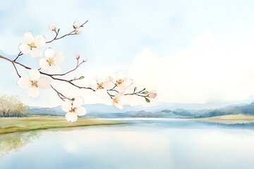 Fototapeta premium Spring Blossoms Lakeside Serenity.