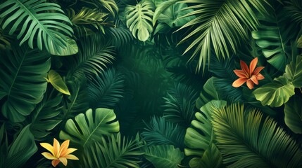 Tropic leaf banner, green jungle plants and exotic flowers. Nature frame with banana and monstera foliage, forest coconut palm, posters with realistic elements. Vector exact flyer design