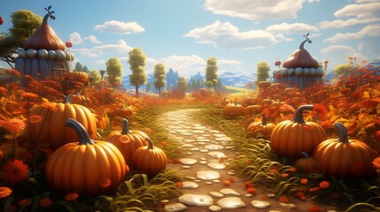 A pumpkin patch in autumn with bright orange pumpkins scattered across the field