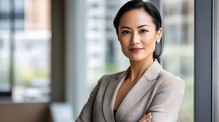 Obraz premium Confident businesswoman in a modern office, embodying professionalism and focus in a sleek, minimalist environment